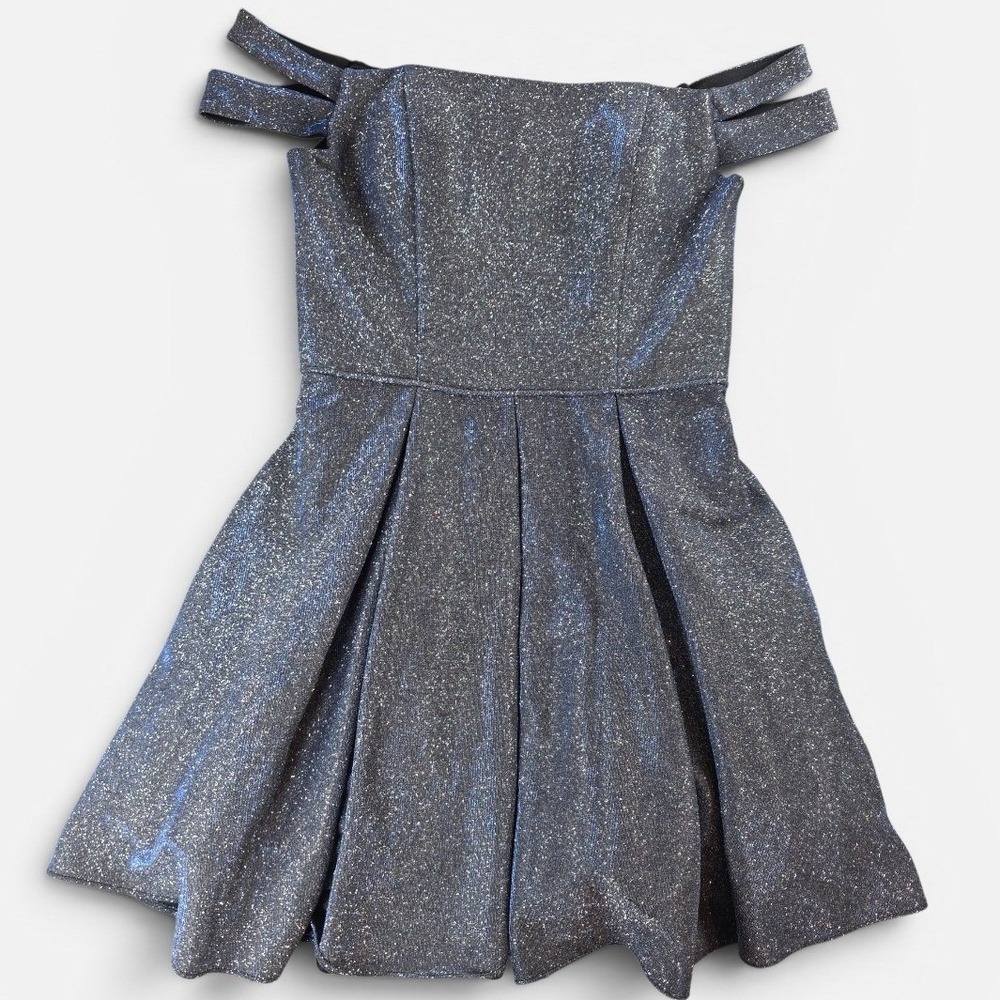 Blondie Nites Stacy Sklar Women 9 Blue Metallic‎ Fit Flare Dress Off Shoulder